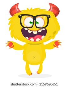 Funny cartoon nerd monster wearing eyeglasses. Halloween Illustration of happy smart alien character. Vector isolated