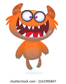 Funny cartoon nerd monster wearing eyeglasses. Halloween Illustration of happy smart alien character. Vector isolated