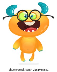 Funny cartoon nerd monster wearing eyeglasses. Halloween Illustration of happy smart alien character. Vector isolated