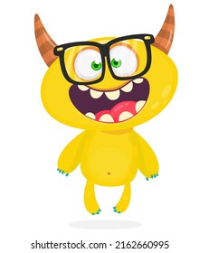 Funny cartoon nerd monster wearing eyeglasses. Halloween Illustration of happy smart alien character. Vector isolated