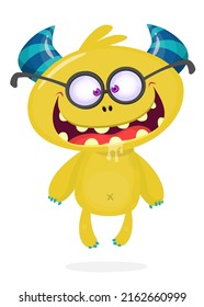 Funny cartoon nerd monster wearing eyeglasses. Halloween Illustration of happy smart alien character. Vector isolated