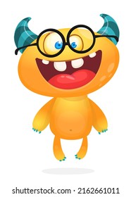 Funny cartoon nerd monster wearing eyeglasses. Halloween Illustration of happy smart alien character. Vector isolated