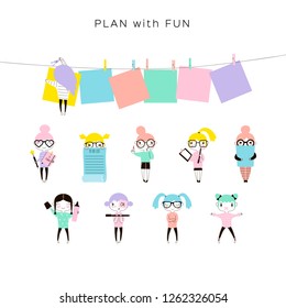 funny cartoon nerdy planner girls set, office concept illustrations, pastel colours flat vector graphics, kawaii style characters 