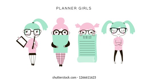 funny cartoon nerdy planner girls set, office concept illustrations, pastel colours flat vector graphics, kawaii style characters 