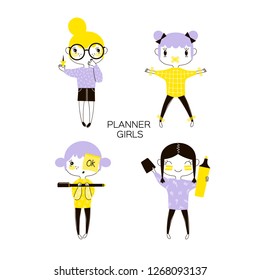 funny cartoon nerdy planner girls set, office concept illustrations, pastel colours flat vector graphics, kawaii style characters 