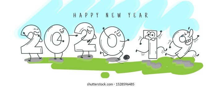 Funny cartoon number of 2020 welcome happy new year and going 2019 on abstract background. Header or banner design.