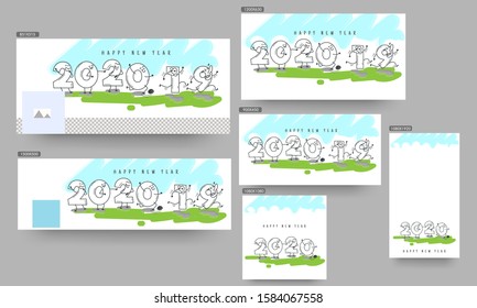 Funny Cartoon Number of 2020 Welcome Happy New Year and Going 2019 on Abstract Background. Header or Banner, Poster and Template design.