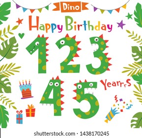 Funny cartoon numbers dinosaurs and design elements for birthday card or party invitation. Vector illustration