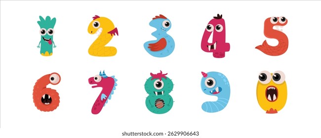 Funny Cartoon Numbers with Monster Design, Cute number set. Cute Monster Numbers Cartoon Set