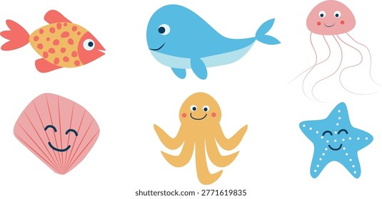 Funny cartoon ocean creatures icons collection set featuring fish, octopus, jellyfish, starfish and whale. For clip art, stickers, coastal baby shower, kids beach party invitations 