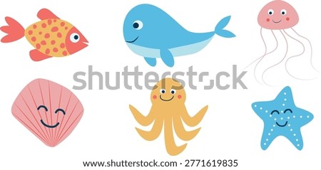 Funny cartoon ocean creatures icons collection set featuring fish, octopus, jellyfish, starfish and whale. For clip art, stickers, coastal baby shower, kids beach party invitations 