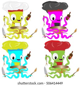 Funny cartoon octopus chef in cook hat . For seafood menu restaurant