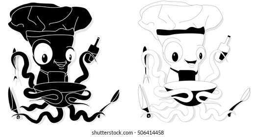 Funny cartoon octopus chef in cook hat . For seafood menu restaurant