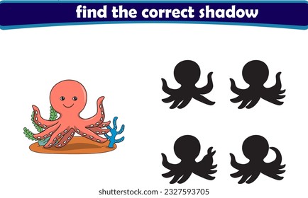 Funny cartoon octopus. find the correct shadow. Kids Education games. Cartoon vector illustration
