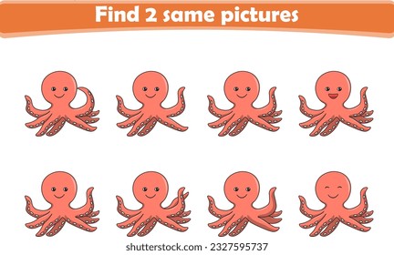 Funny cartoon octopus. Find two same pictures. Educational game for children. Cartoon vector illustration