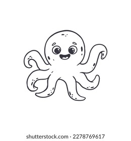 Funny cartoon octopus isolated on white background.Coloring book. Doodle. Black and white illustration.Vector 