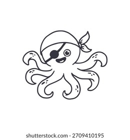 Funny cartoon octopus isolated on white background. Coloring book. Doodle. Black and white illustration. Vector 