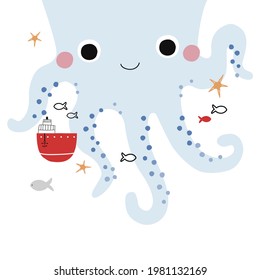 Funny cartoon octopus. Kids summer print. Vector hand drawn illustration.