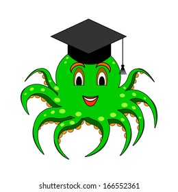 A funny cartoon octopus in a magister cap. Vector-art illustration on a white background