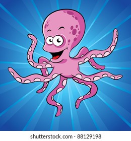 Funny Cartoon Octopus On The Blue Background