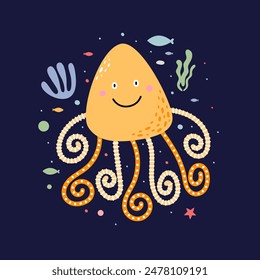 Funny cartoon octopus on a dark isolated background. Fabulous sea animal. Can be used to decorate children's interiors, holidays, postcards, banners. Vector illustration in children`s style.
