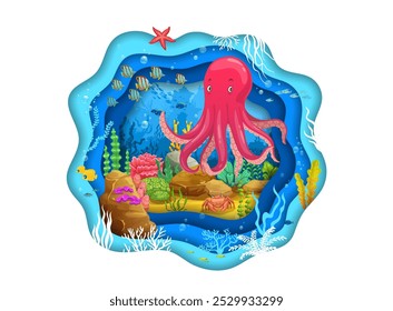 Divertido pulpo de dibujos animados sobre papel cortado mar bajo el agua con peces, fondo de Vector. Animales de arrecife de coral submarino en agua del océano con carácter de pulpo, estrellas de mar y cangrejo en algas de papercut