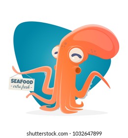 polvo de desenho animado engraçado com sinal de frutos do mar