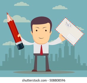funny cartoon office worke with an envelope and a pencil for use in presentations, etc. Stock vector illustration