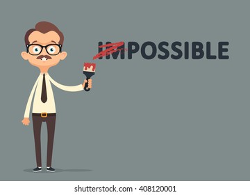 Funny Cartoon Office Worker Holding a Brush and Standing Near the Word "Impossible". Vector Illustration