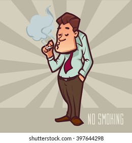 funny cartoon office worker smoking, no smoking, stop smoking, cartoon character, vector illustration