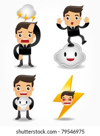 funny cartoon office worker with weather element icon set