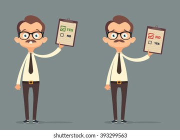 Funny Cartoon Office Workers Holding Documents (Approved And Denied). Vector Illustration