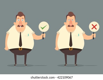 Funny Cartoon Office Workers Holding Right and Wrong Signs. Happy and Grumpy Emotions. Vector Illustration