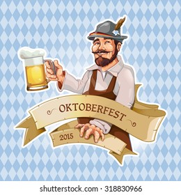 Funny cartoon Oktoberfest man standing with big beer mug in right hand. Logo template with place for your text