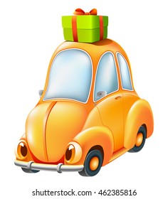 funny cartoon orange car with big eyes and green gift box on white background