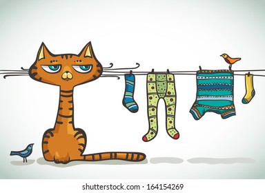 Funny cartoon orange cat with clothing and birds