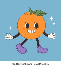 Funny cartoon orange character. Hand draw Funny Retro vintage trendy style citrus orange cartoon character illustration. Doodle Comic collection