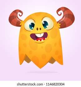 Funny cartoon orange monster. Halloween vector illustration of excited monster. Big set of cartoon monsters