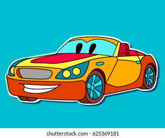 Funny cartoon orange sport car for scrapbook. Cartoon sport car sticker for boys. Funny smile auto icon. Comic character for kids on transportation blue background 