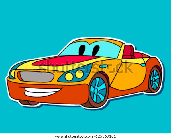 Funny cartoon orange\
sport car for scrapbook. Cartoon sport car sticker for boys. Funny\
smile auto icon. Comic character for kids on transportation blue\
background 