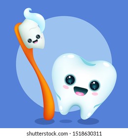 funny cartoon orange toothbrush and tooth on a blue background