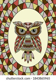 Funny cartoon ornamental owl in muted hues, stained-glass window for a children's room