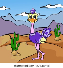 Funny cartoon ostrich in desert. Vector illustration for children
