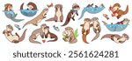 Funny cartoon otters. River, sea mammals, cute water animals, happy pet mascot, different poses, actions, swimming, fishing, couples and mom with kid, tidy vector isolated set