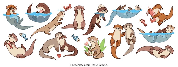 Funny cartoon otters. River, sea mammals, cute water animals, happy pet mascot, different poses, actions, swimming, fishing, couples and mom with kid, tidy vector isolated set