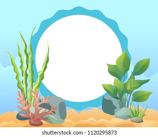 Funny cartoon oval photo frame card with sea weed, stones and corals and wave contoured space for photograph flat vector illustration on blue tint.