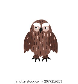 Funny cartoon owl character isolated on white. Vector illustration for wild animals, wildlife, forest birds concept.