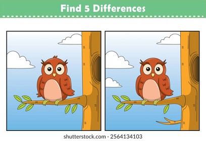 Funny cartoon owl. Find 5 differences. Kids Education games. Cartoon vector illustration