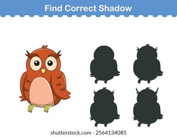 Funny cartoon owl. find the correct shadow. Kids Education games. Cartoon vector illustration