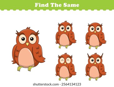 Funny cartoon owl. Find same pictures. Educational game for children. Cartoon vector illustration